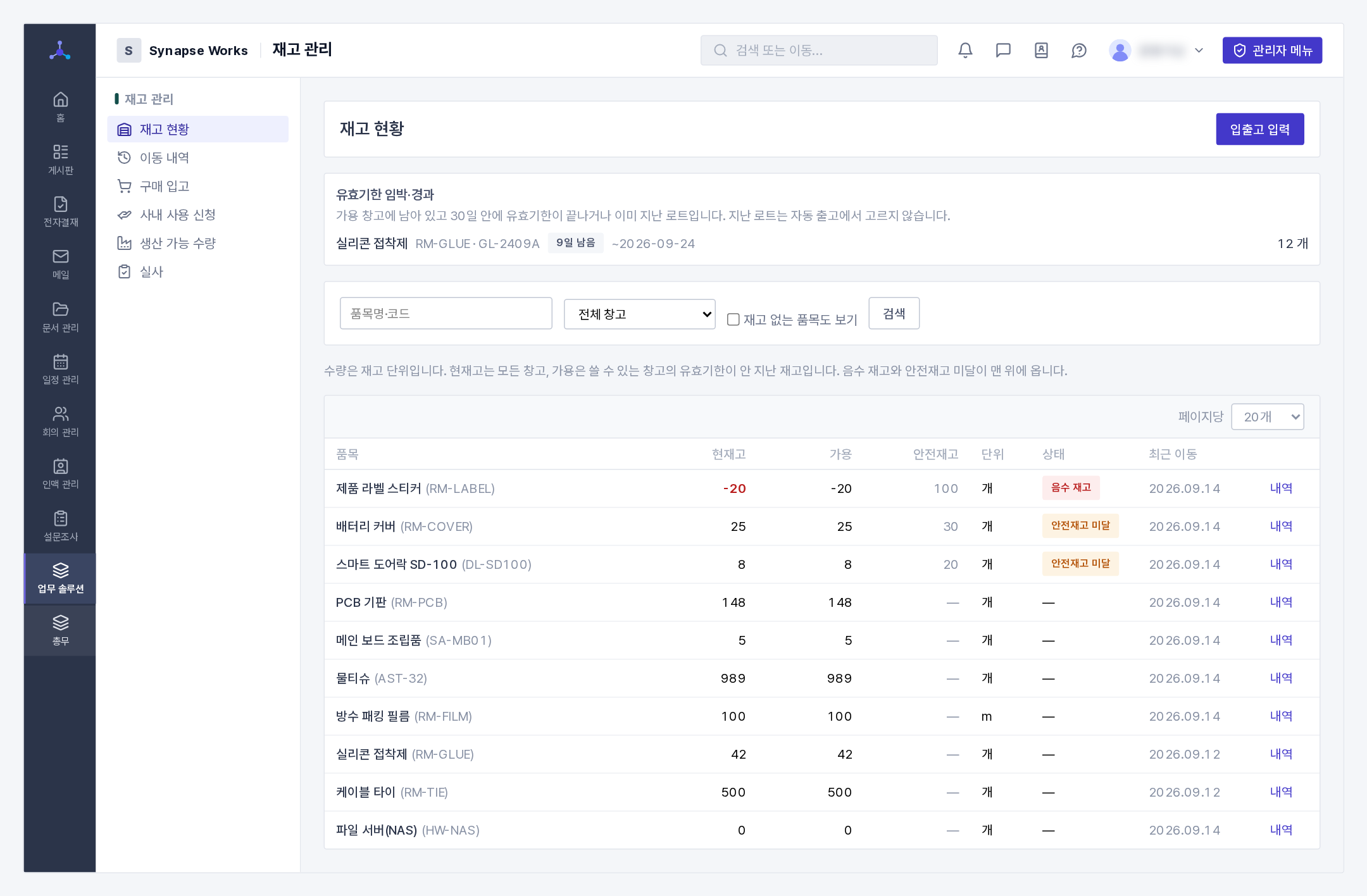 재고 현황(음수·안전재고 미달이 맨 위)